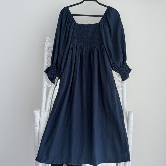 O.P.T. Dress Medium Navy Midi Smocked Puff Balloon Sleeve Cottage Prairie Linen - Picture 1 of 8